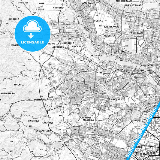 Hachiōji, Japan light map with streetnames, citynames and districts