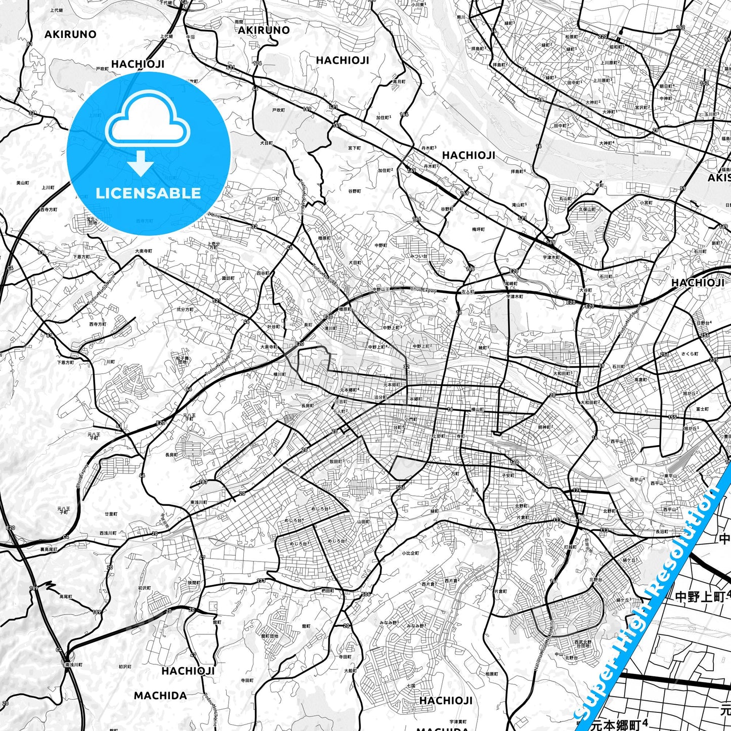 Hachiōji, Japan Light Map with Street Names, City Names, and Districts