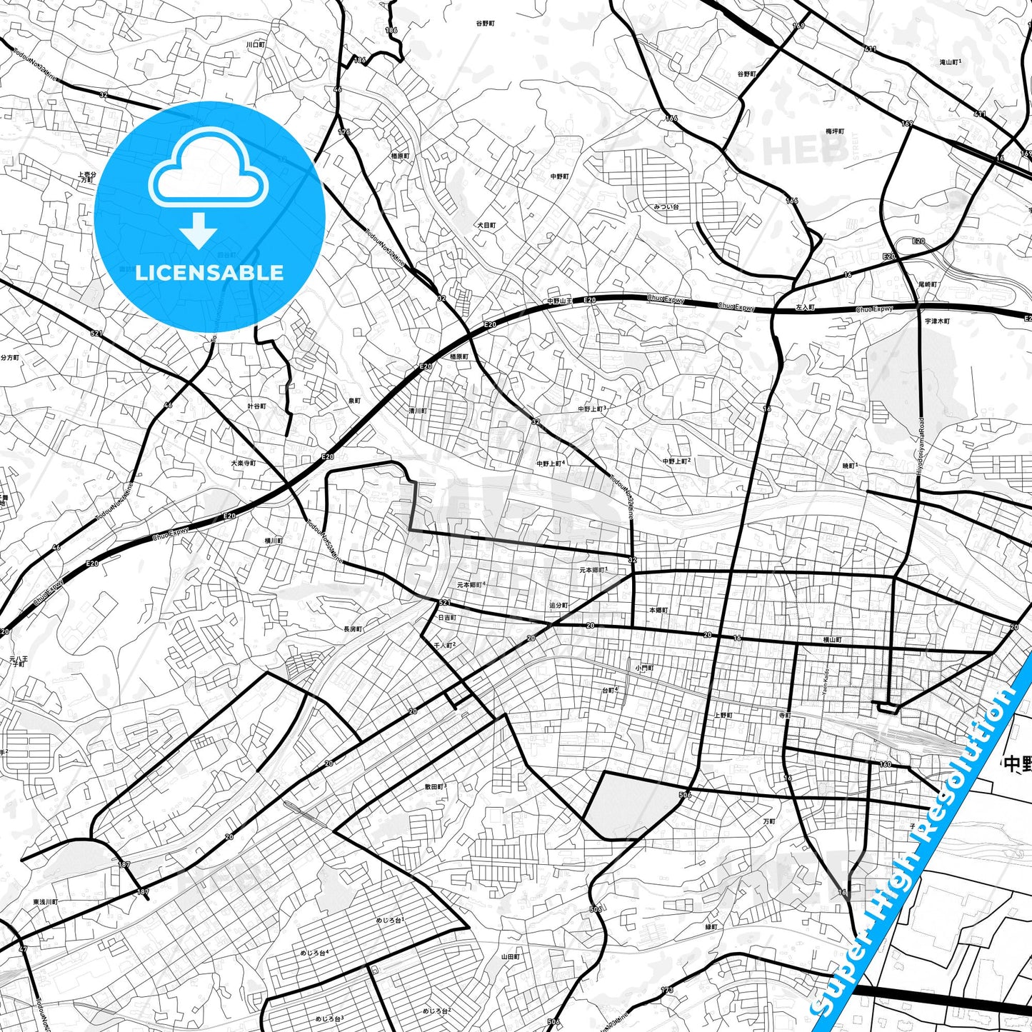 Hachiōji, Japan Light Map with Street Names, City Names, and Districts