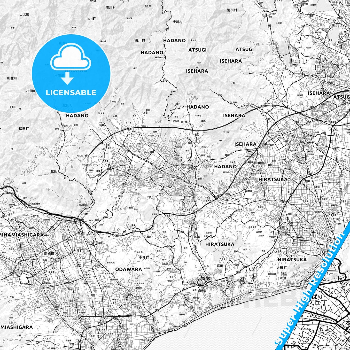 Hadano, Japan light map with streetnames, citynames and districts