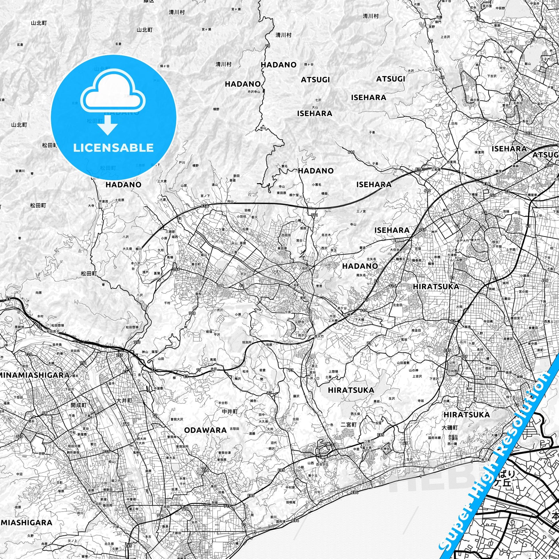 Hadano, Japan light map with streetnames, citynames and districts