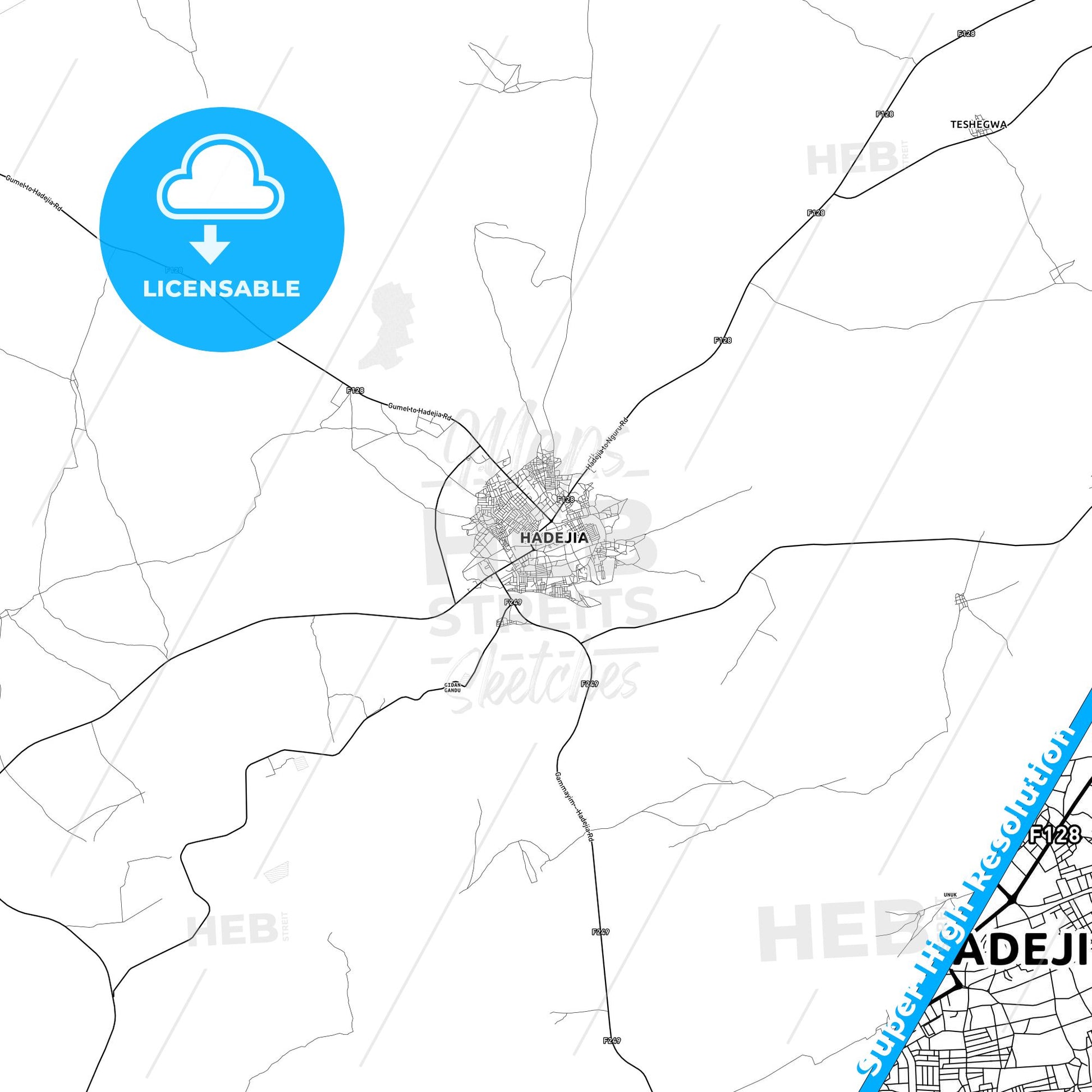 Hadejia, Nigeria light map with streetnames, citynames and districts