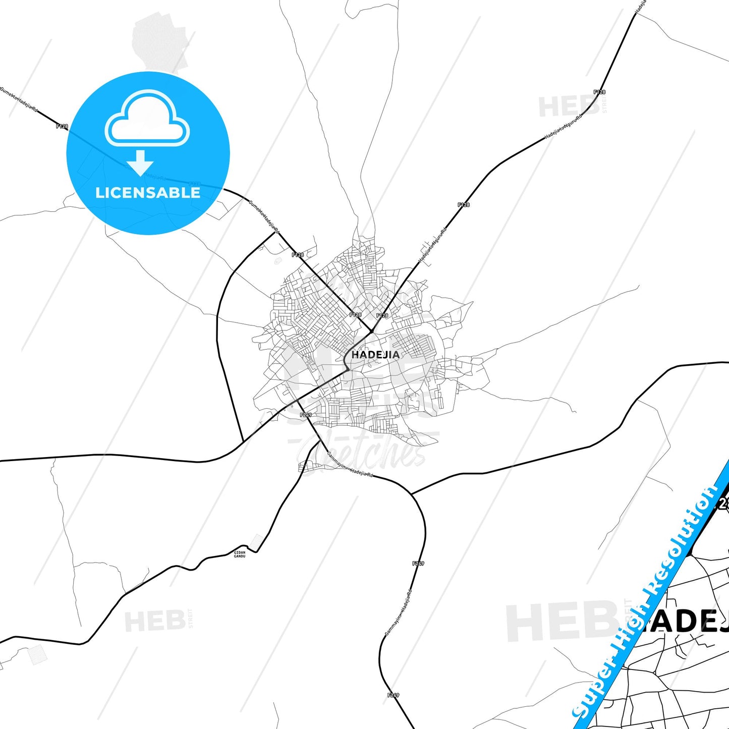 Hadejia, Nigeria Light Map with Street Names, City Names, and Districts