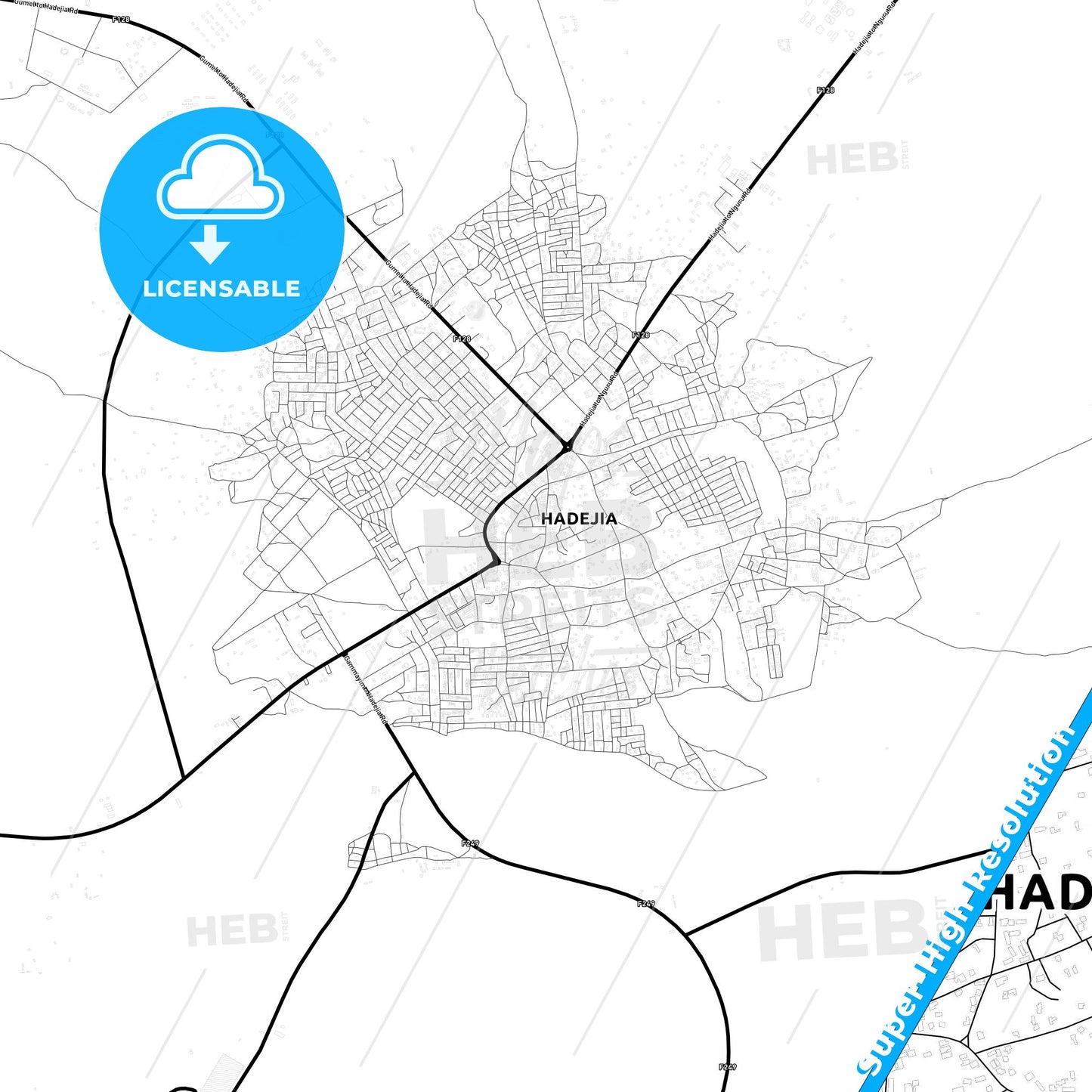 Hadejia, Nigeria Light Map with Street Names, City Names, and Districts