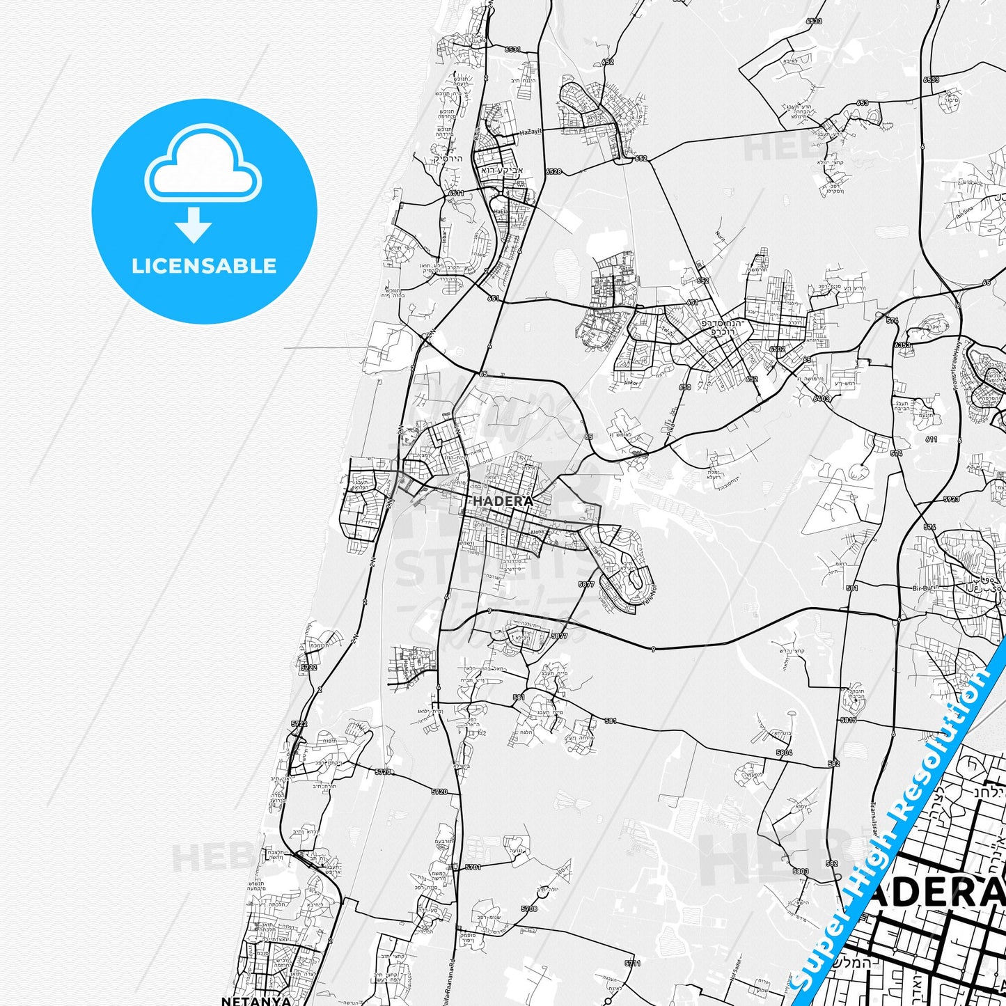 Hadera, Israel light map with streetnames, citynames and districts