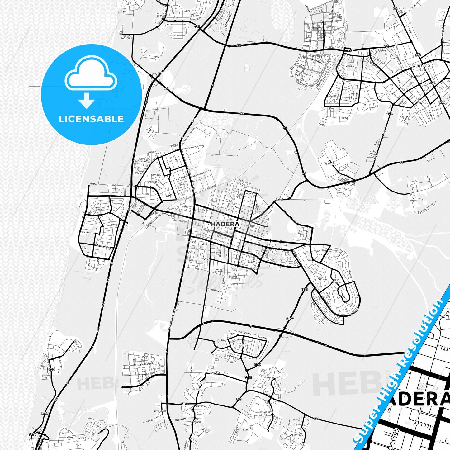 Hadera, Israel Light Map with Street Names, City Names, and Districts