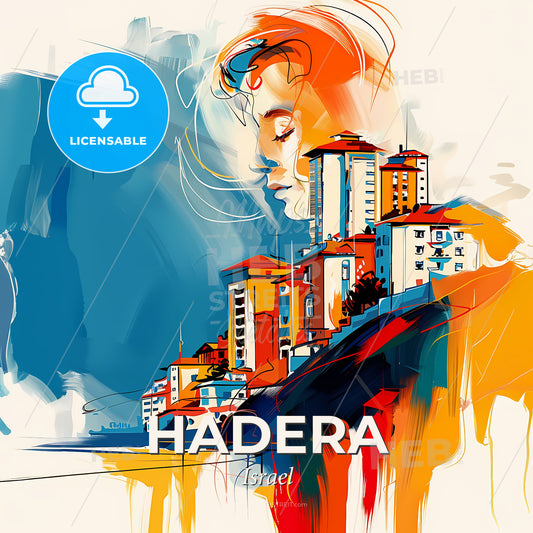 Vibrant Hadera, Israel - A Painting Of A Man's Face And Buildings - Square format print template