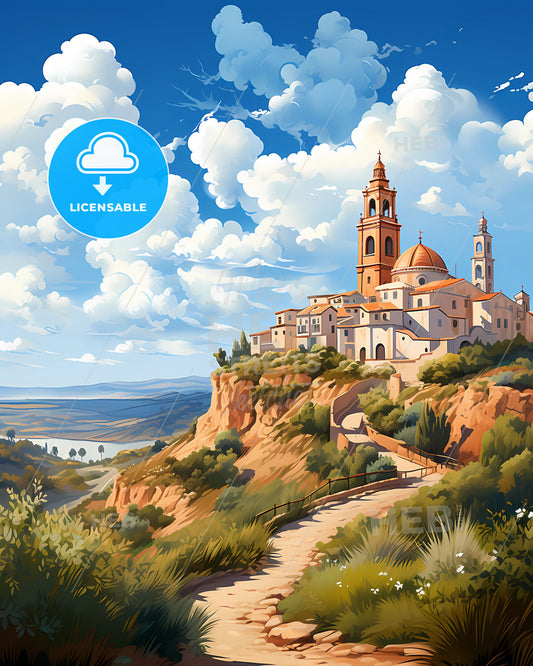 Vibrant Painting of Hadera Israel Skyline Depicting Building on Hill