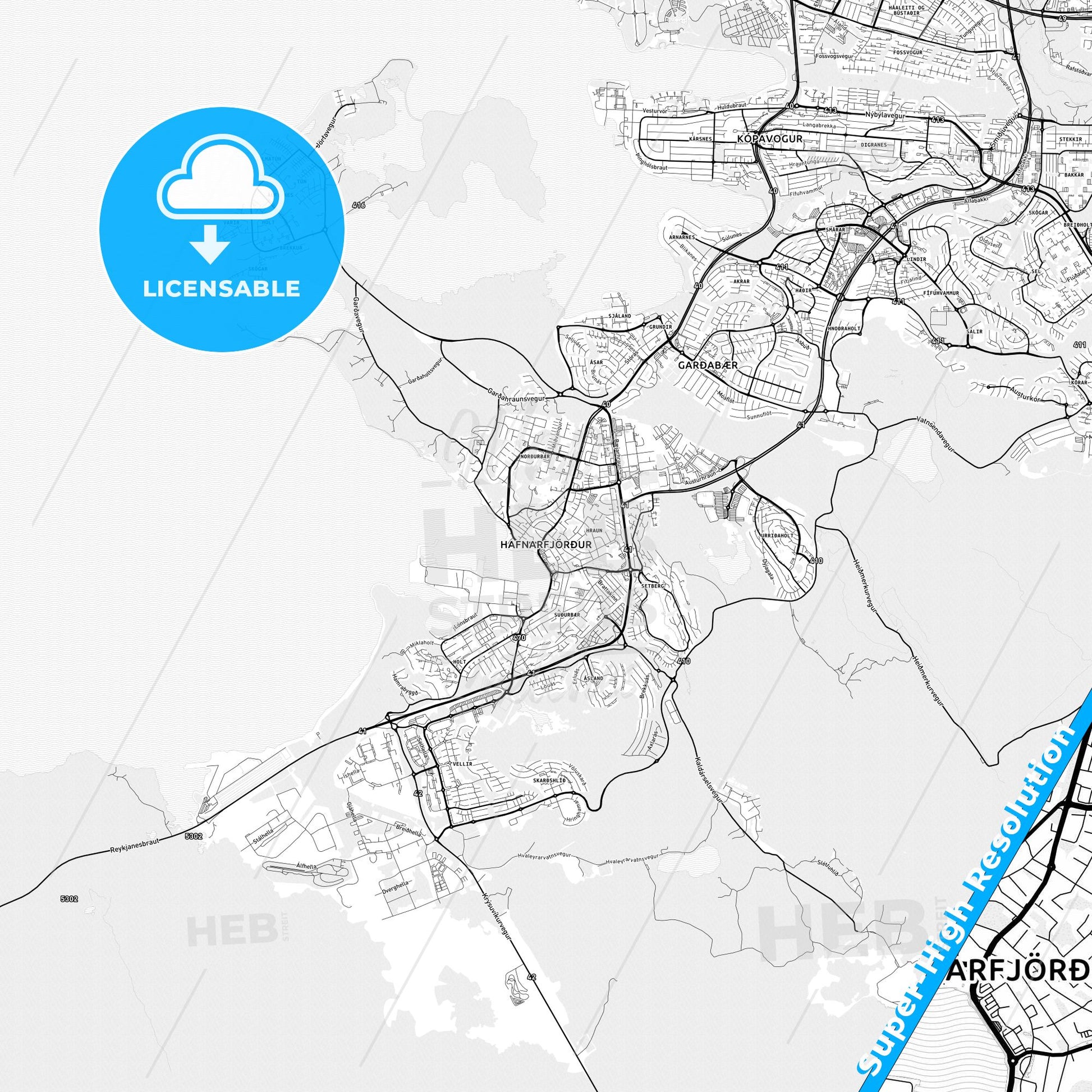 Hafnarfjörður, Iceland light map with streetnames, citynames and districts