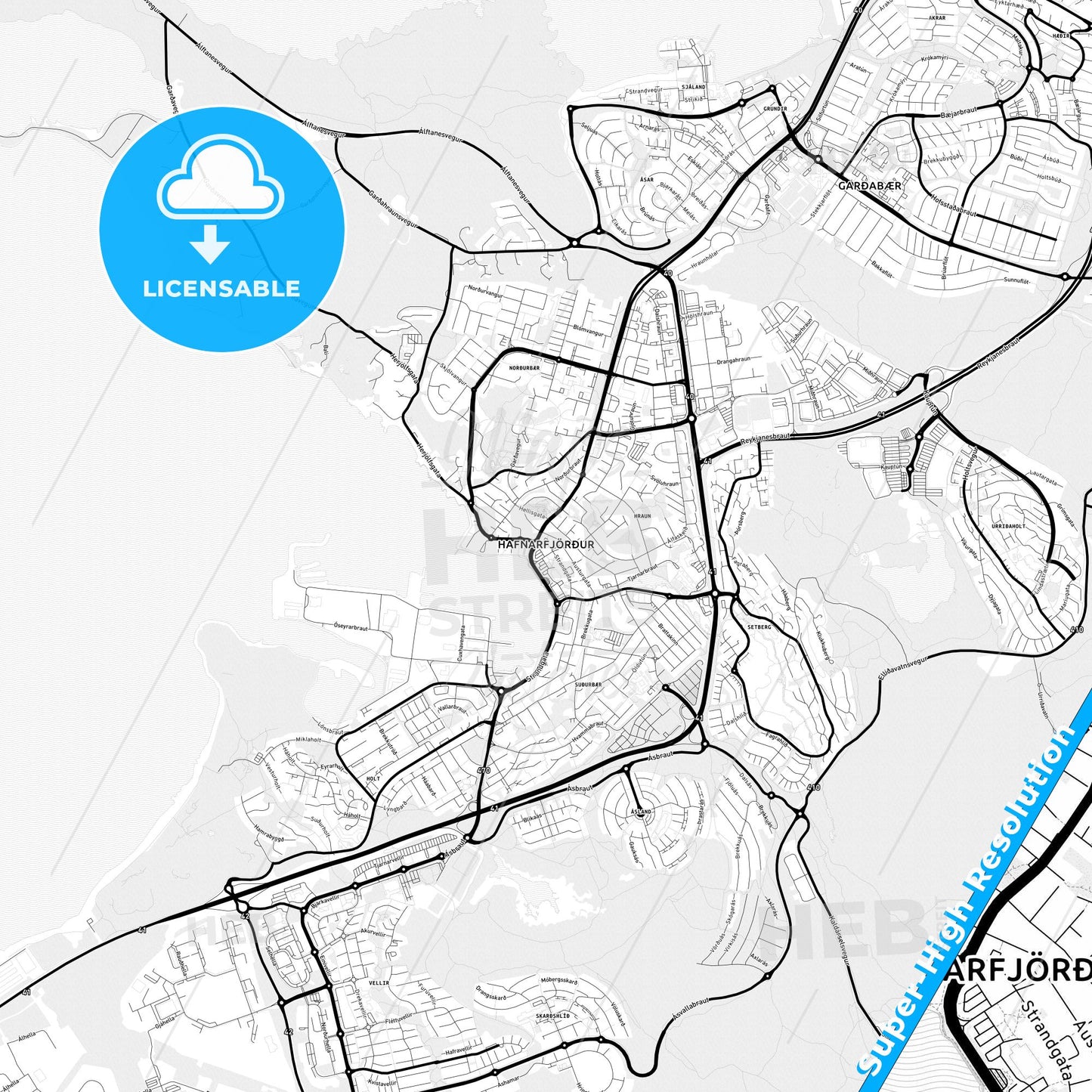 Hafnarfjörður, Iceland Light Map with Street Names, City Names, and Districts