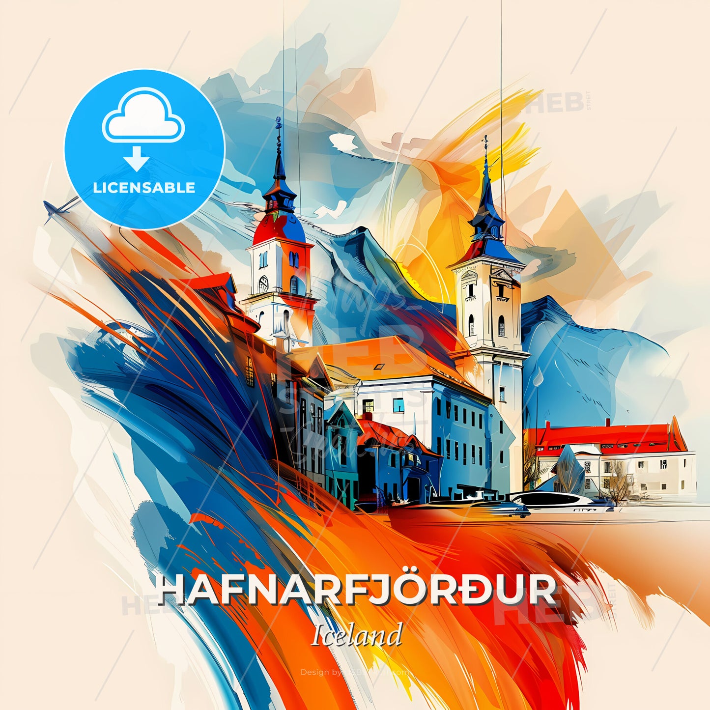 Vibrant Hafnarfjörður, Iceland - A Painting Of A Building With A Colorful Brushstroke - Square format print template