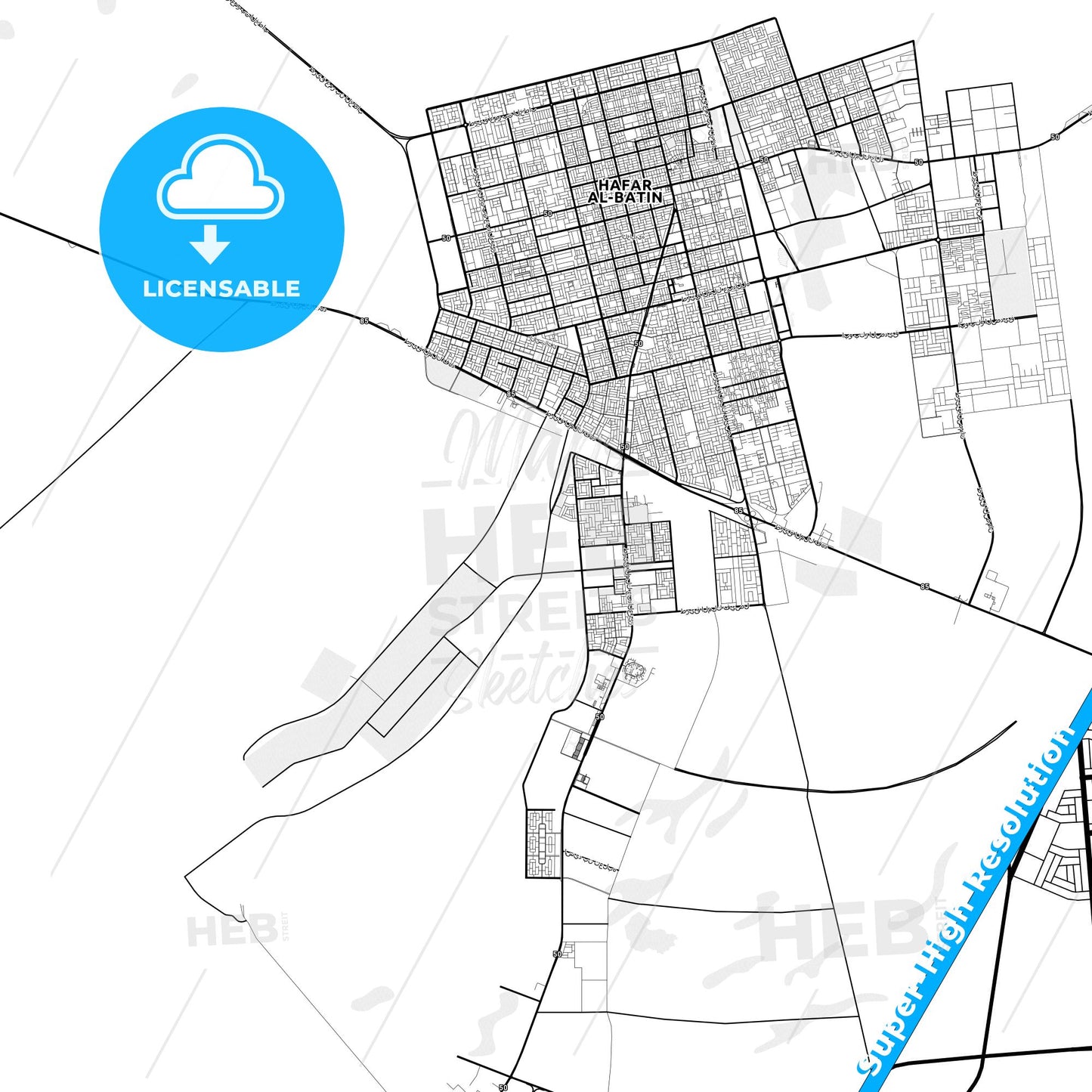 Hafr Al-Batin, Saudi Arabia light map with streetnames, citynames and districts