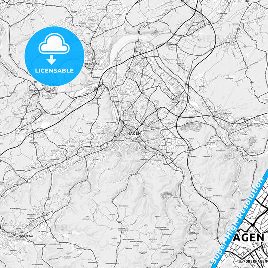 Hagen, Germany light map with streetnames, citynames and districts