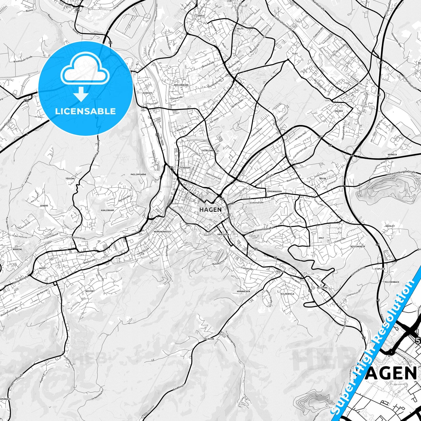 Hagen, Germany Light Map with Street Names, City Names, and Districts