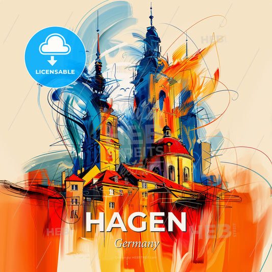 Vibrant Hagen, Germany - A Painting Of A Building With Towers And A Red Roof - Square format print template