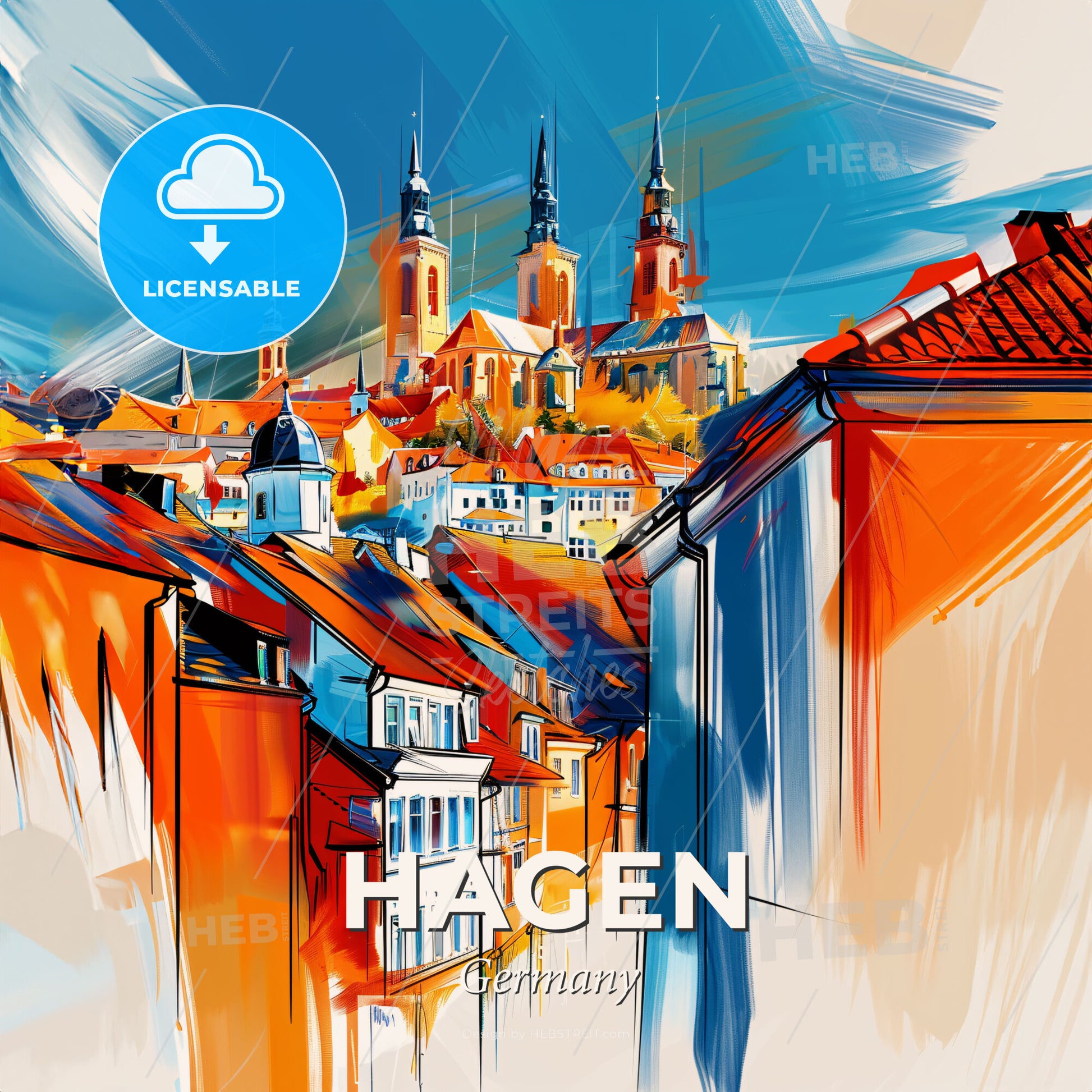 Vibrant Hagen, Germany - A Painting Of A City With A Castle In The Background - Square format print template