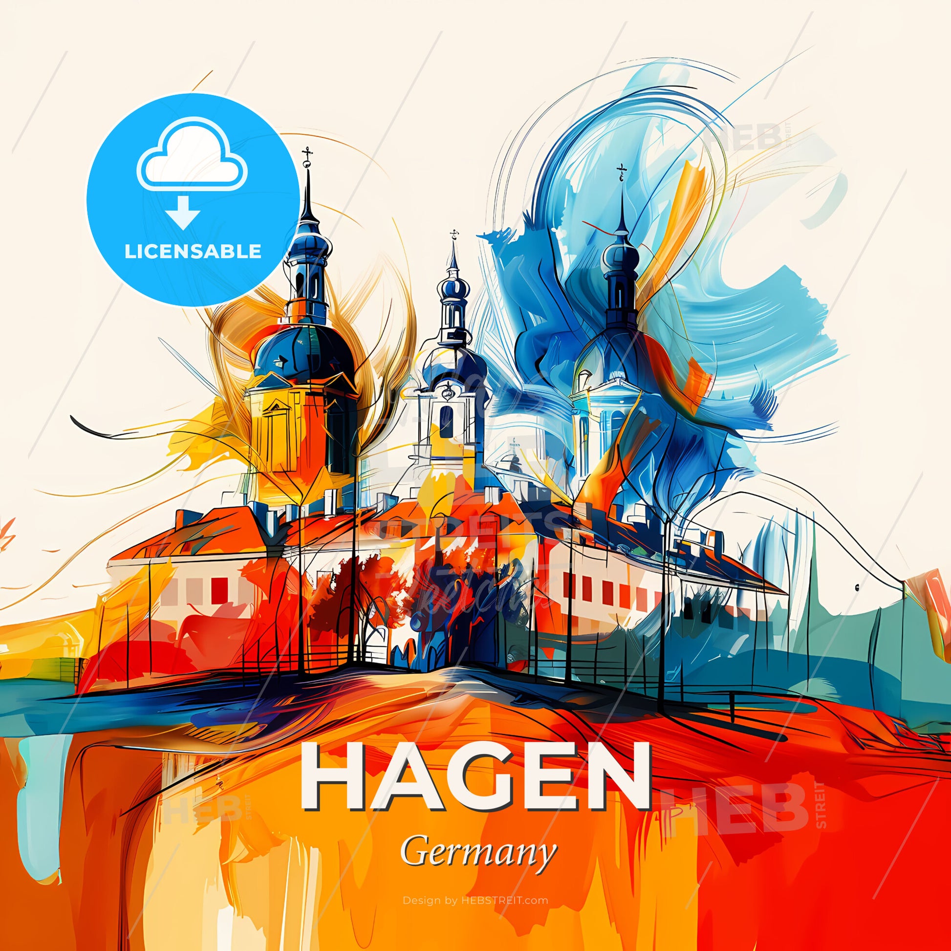 Vibrant Hagen, Germany - A Painting Of A Building With Towers - Square format print template