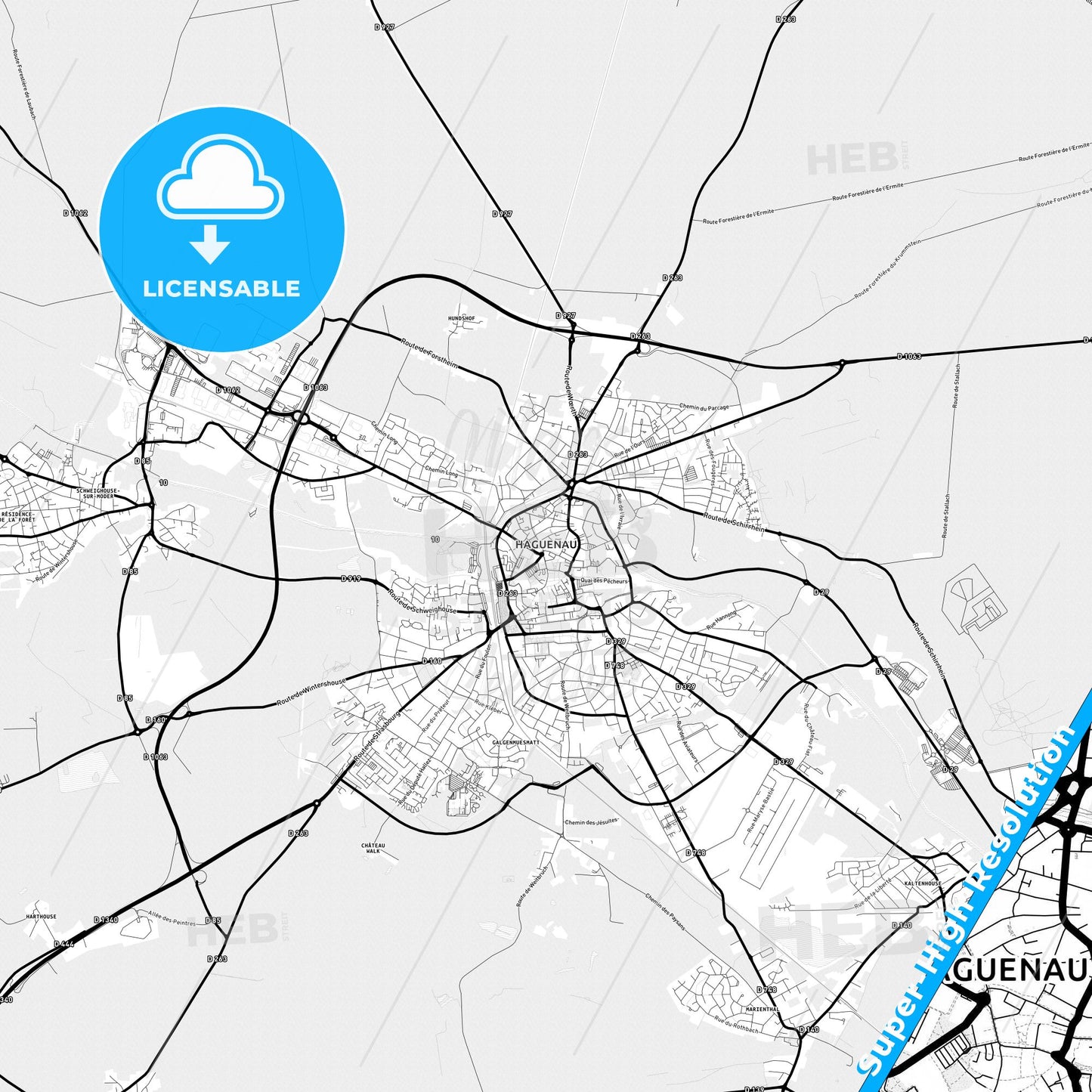 Haguenau, France Light Map with Street Names, City Names, and Districts