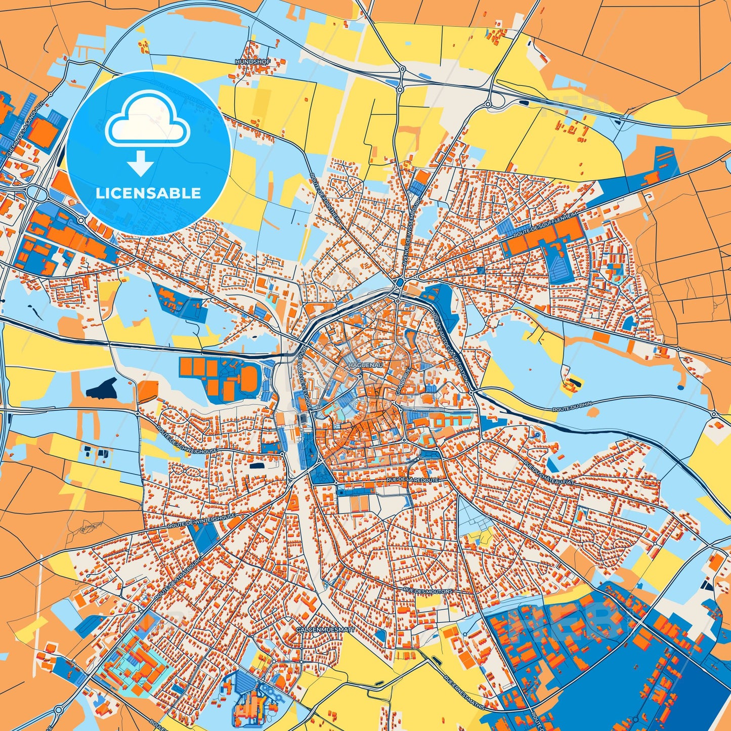 Colorful Haguenau Street Map with Labels and Buildings