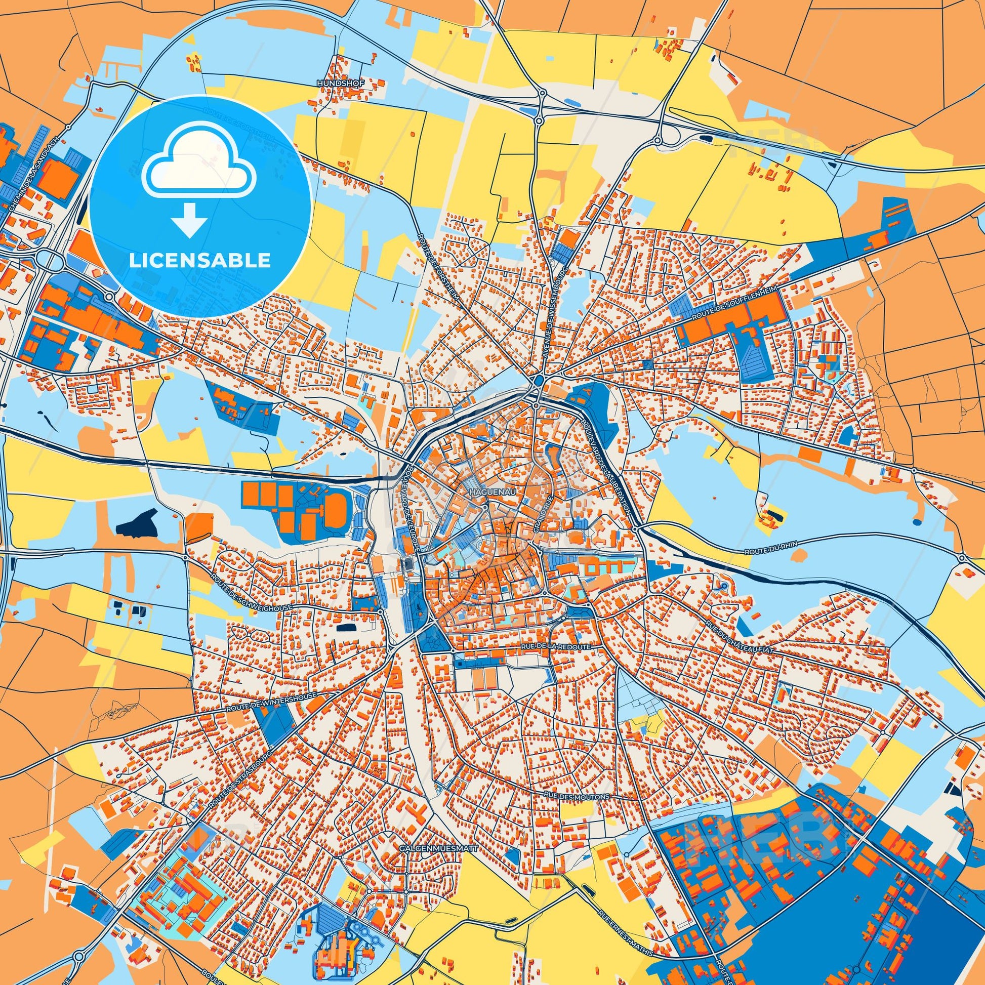 Colorful Haguenau Street Map with Labels and Buildings