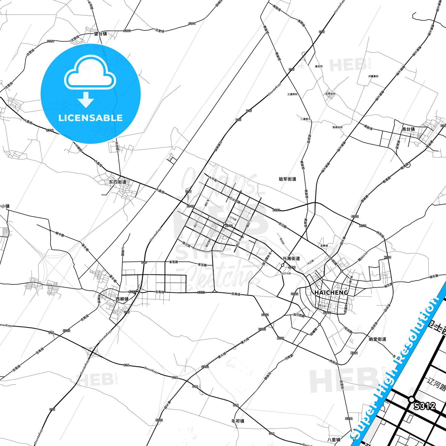 Haicheng, China light map with streetnames, citynames and districts