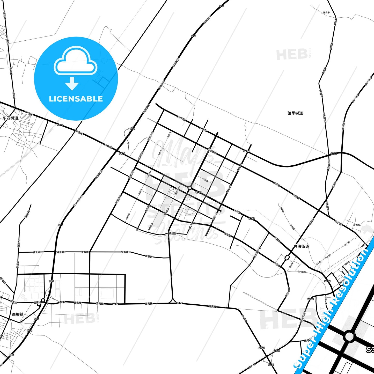 Haicheng, China Light Map with Street Names, City Names, and Districts