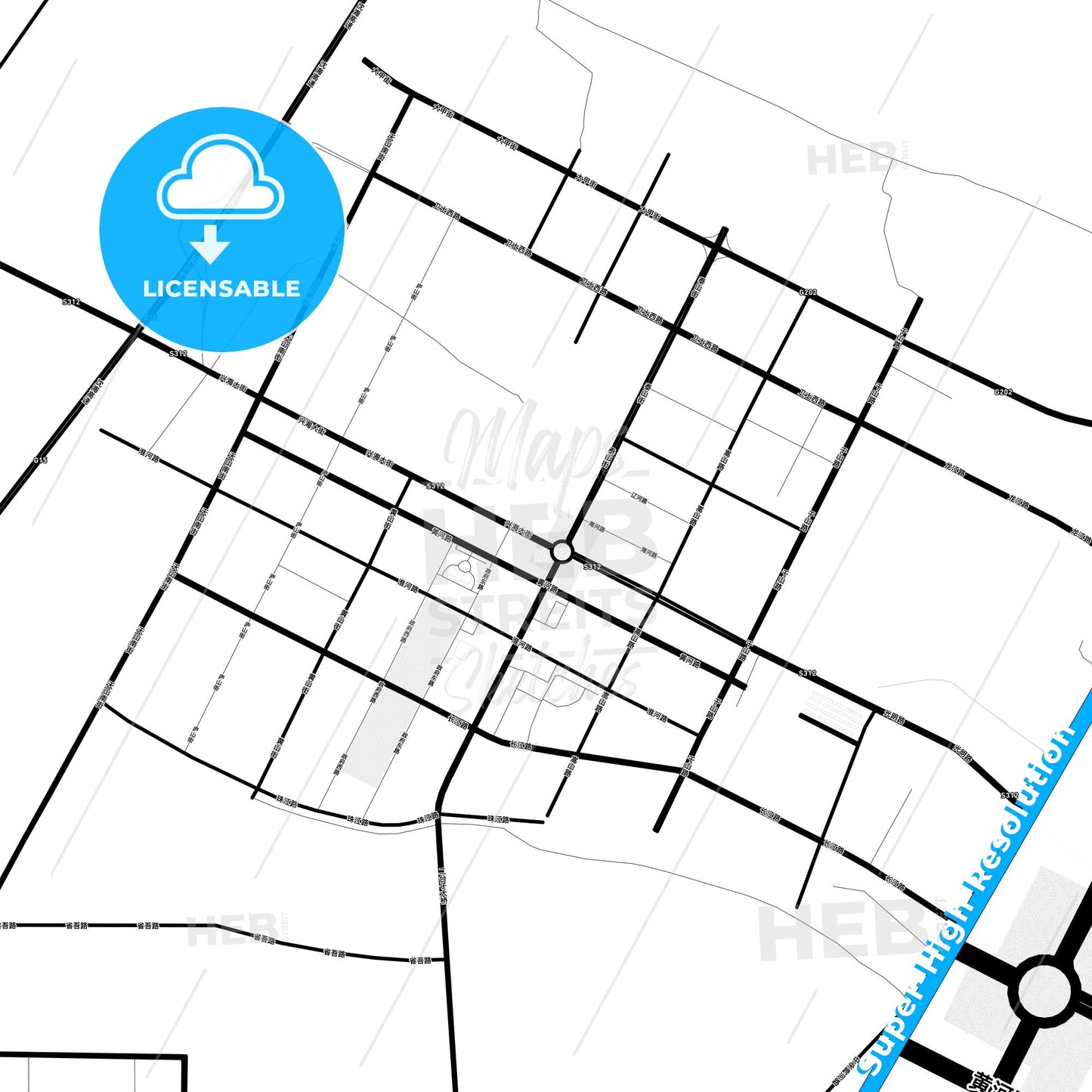 Haicheng, China Light Map with Street Names, City Names, and Districts