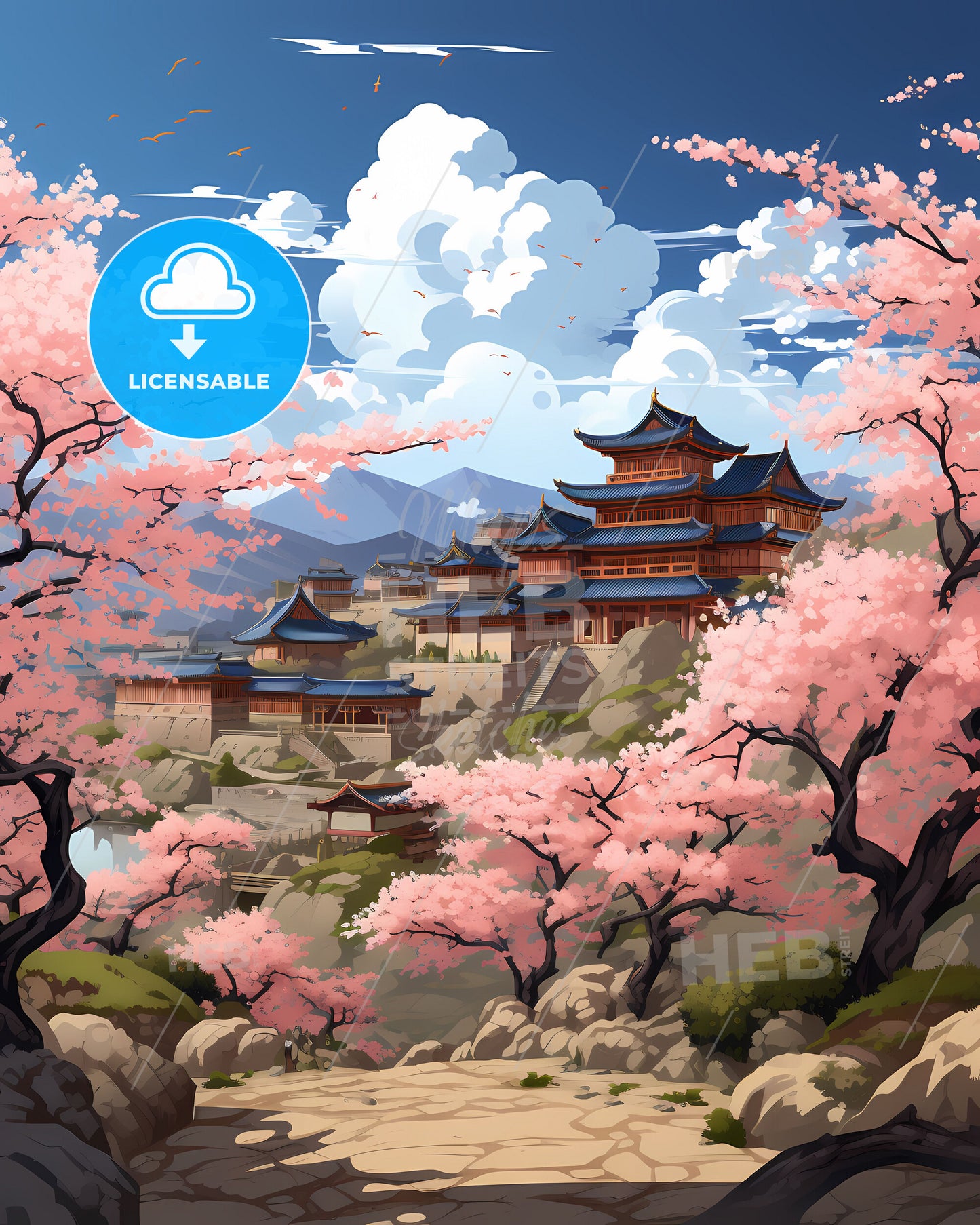 Vibrant Art-Inspired Landscape Painting: Japanese Village with Pink Blossom Trees in Haicheng China