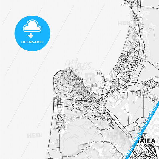 Haifa, Israel light map with streetnames, citynames and districts