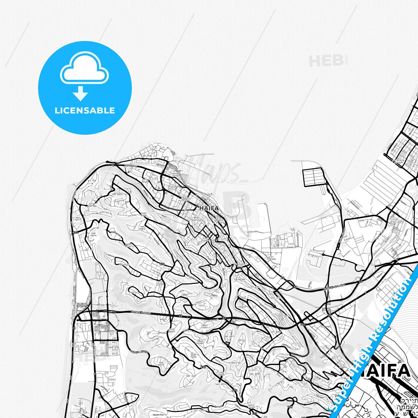 Haifa, Israel Light Map with Street Names, City Names, and Districts