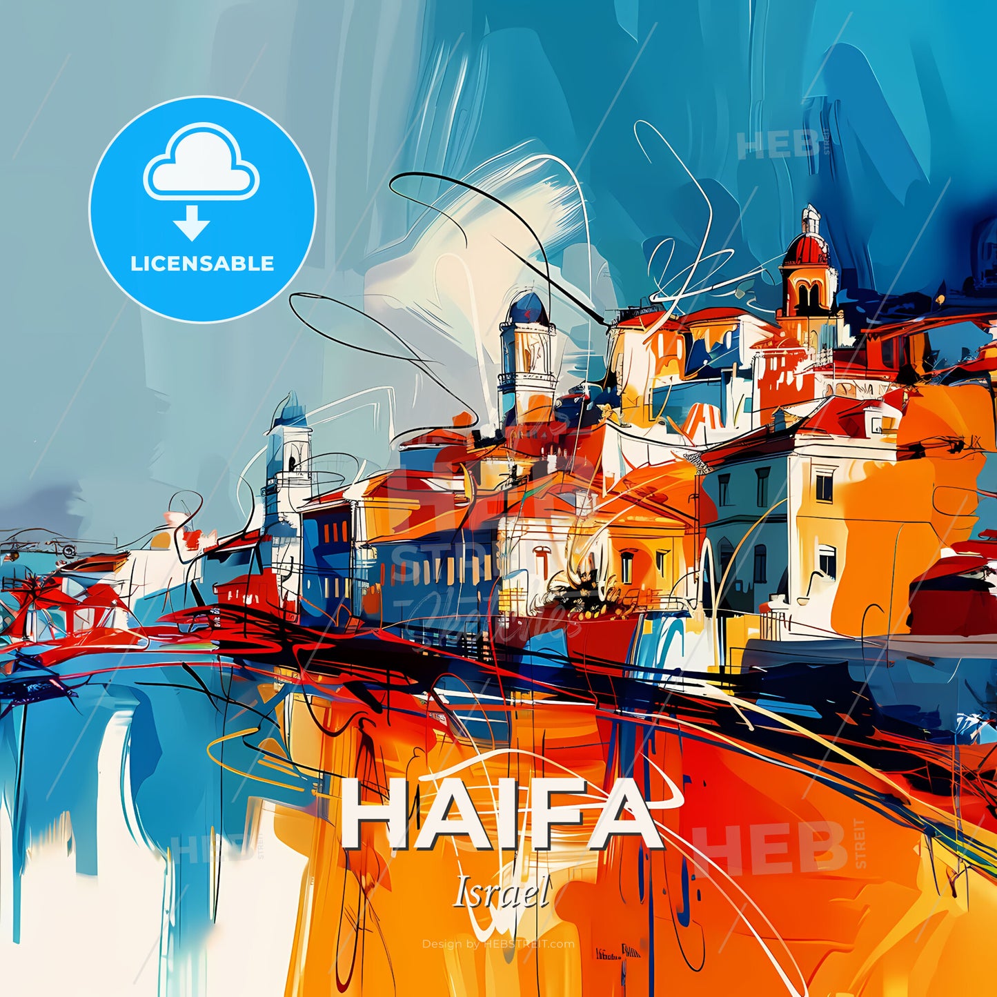 Vibrant Haifa, Israel - A Colorful Cityscape With Buildings And Blue Sky - Square format print template