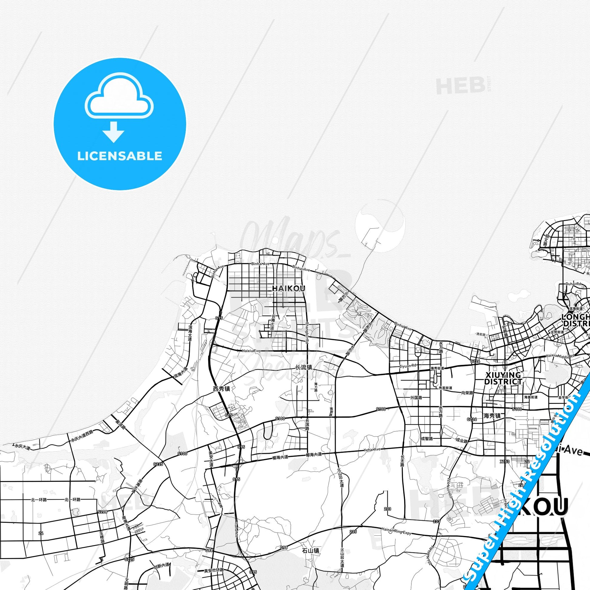 Haikou, China light map with streetnames, citynames and districts
