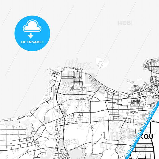 Haikou, China light map with streetnames, citynames and districts