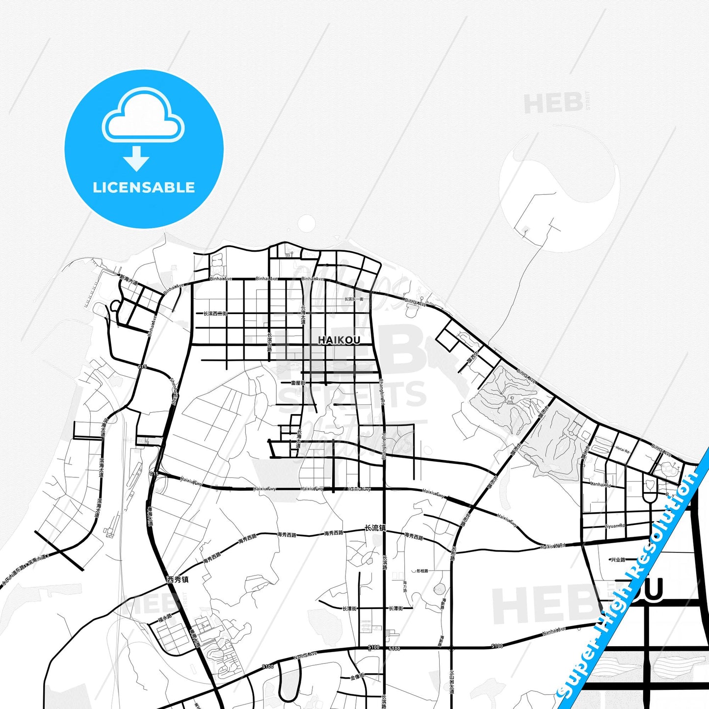 Haikou, China Light Map with Street Names, City Names, and Districts