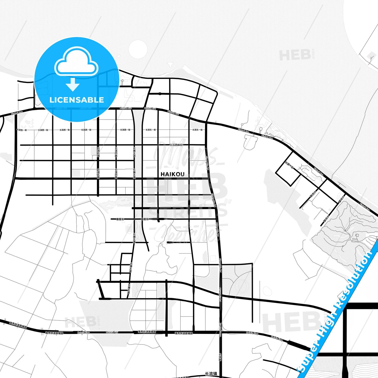 Haikou, China Light Map with Street Names, City Names, and Districts