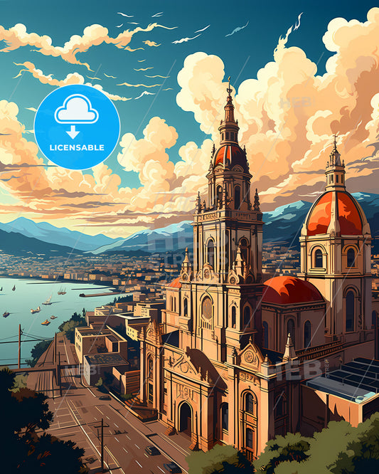 Contemporary Art Painting of Haikou Skyline with Vibrant Red Roof and Coastal View