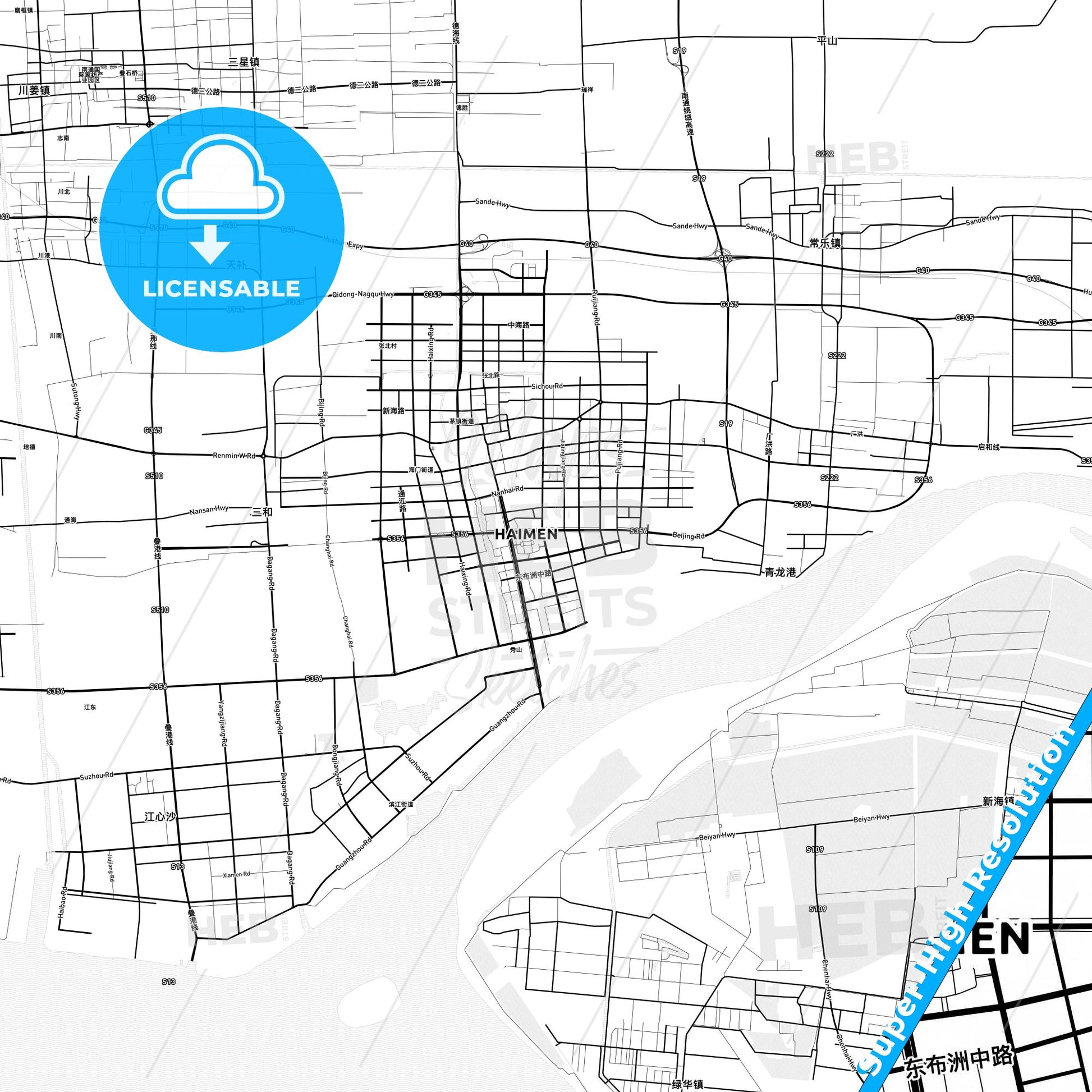 Haimen, China light map with streetnames, citynames and districts