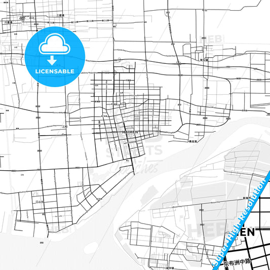 Haimen, China light map with streetnames, citynames and districts