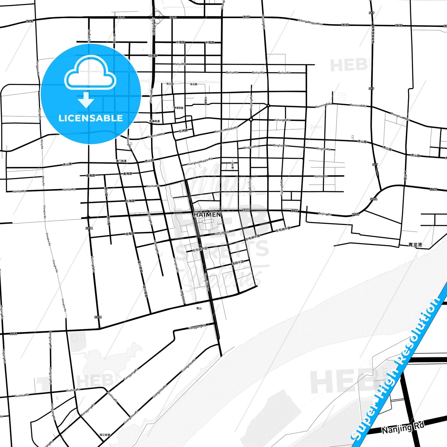 Haimen, China Light Map with Street Names, City Names, and Districts
