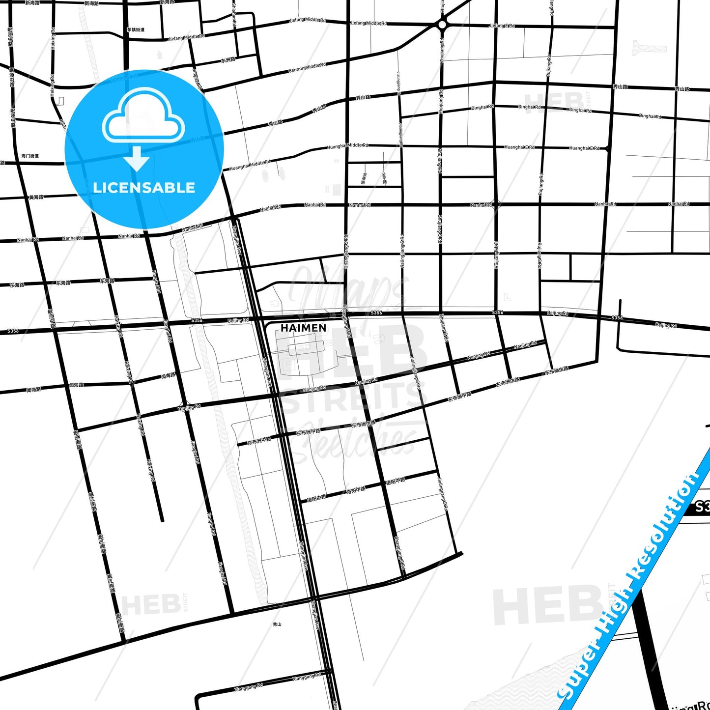 Haimen, China Light Map with Street Names, City Names, and Districts