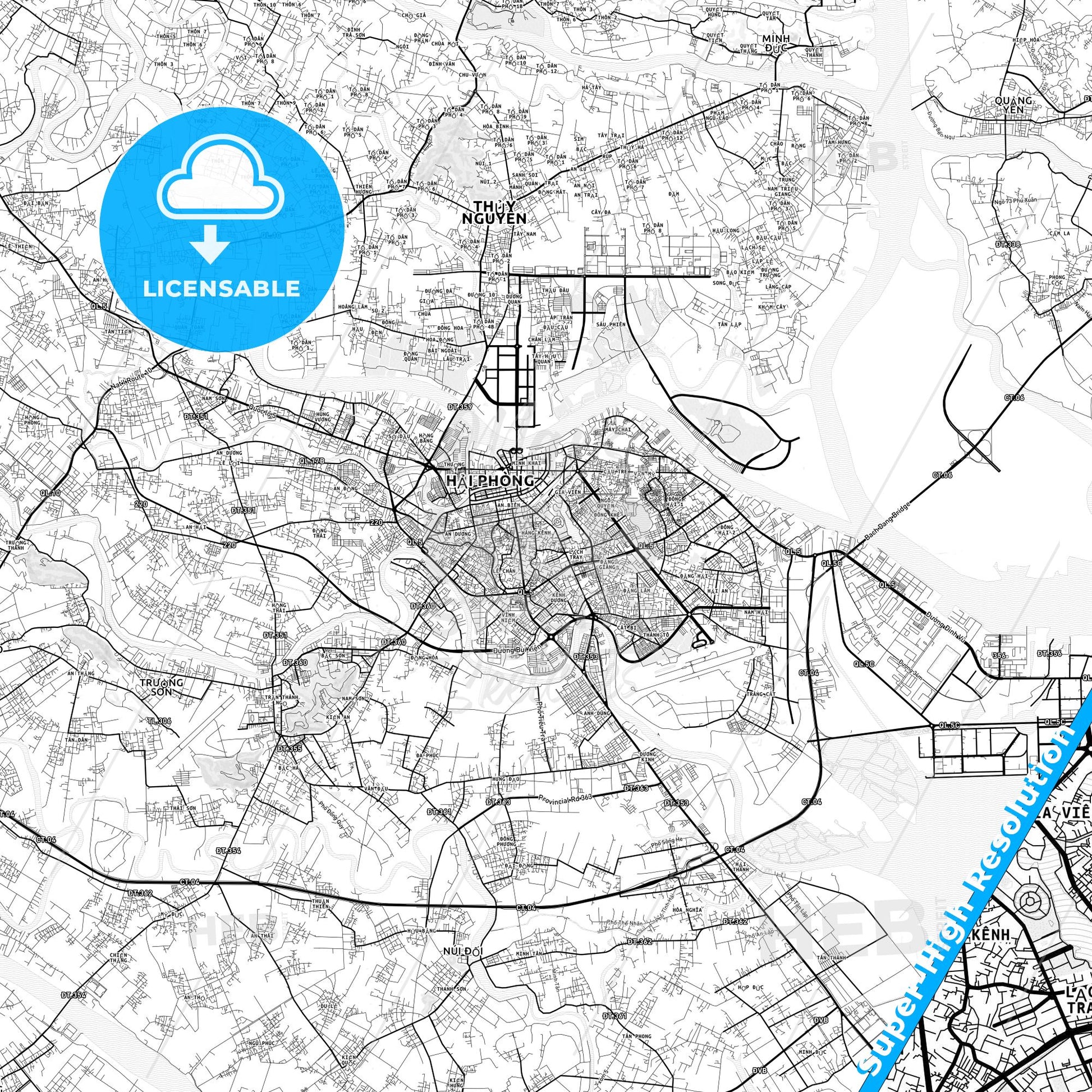 Haiphong, Vietnam light map with streetnames, citynames and districts