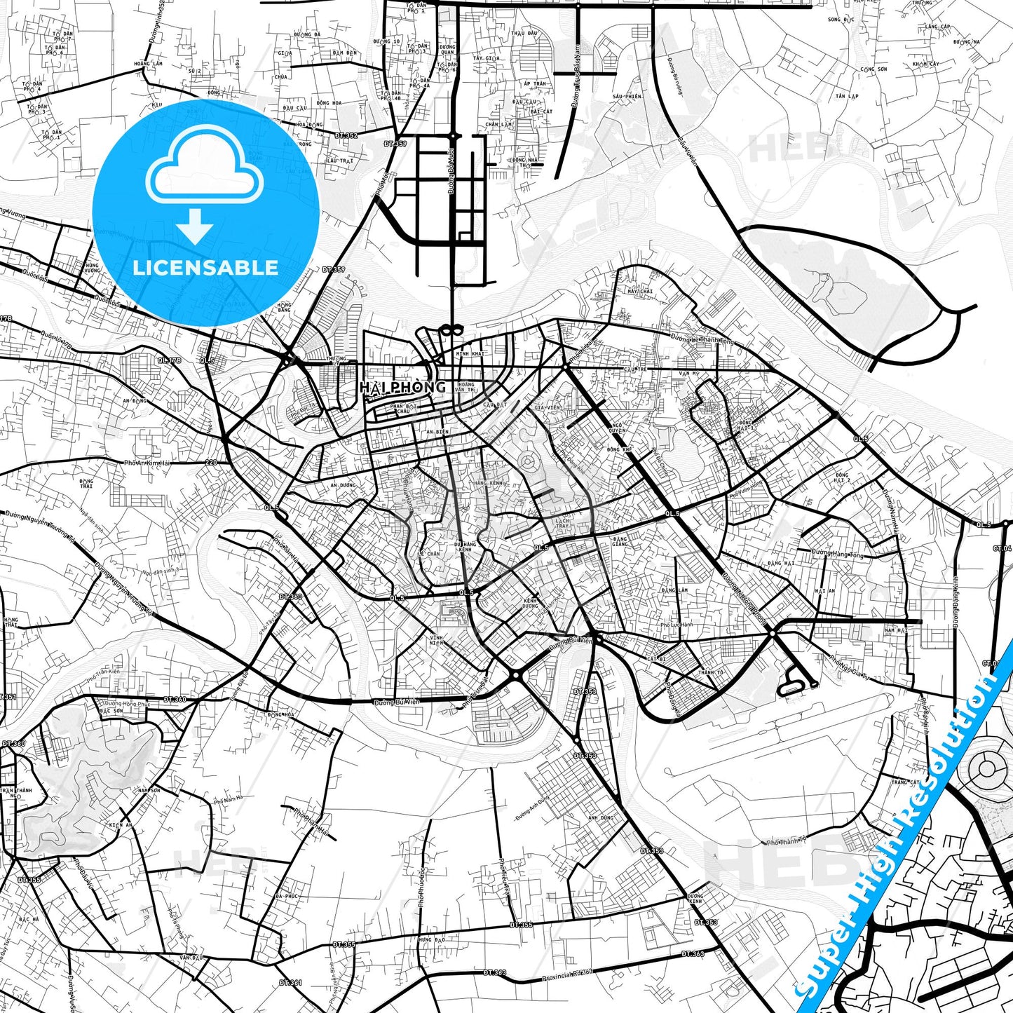 Haiphong, Vietnam Light Map with Street Names, City Names, and Districts
