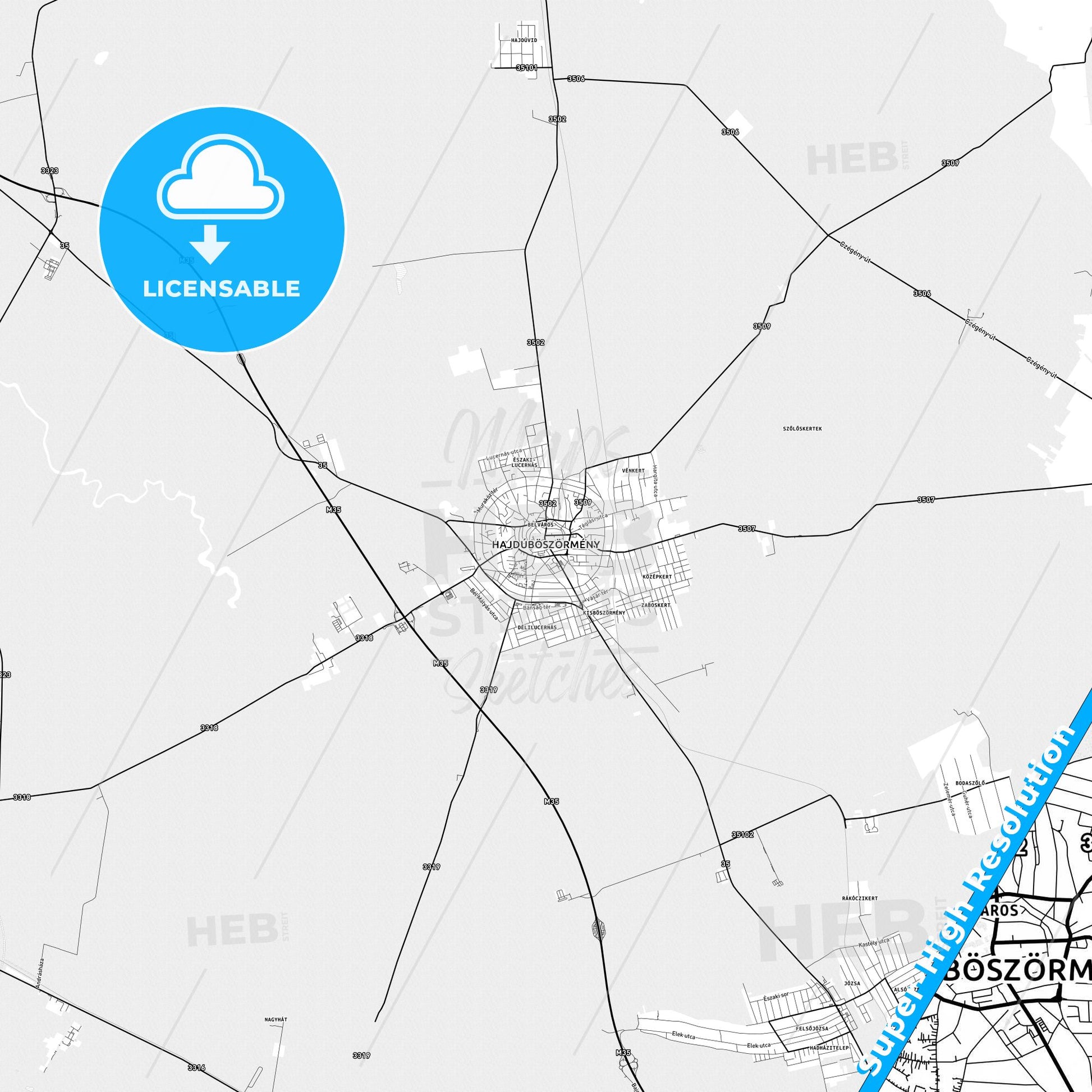 Hajdúböszörmény, Hungary light map with streetnames, citynames and districts