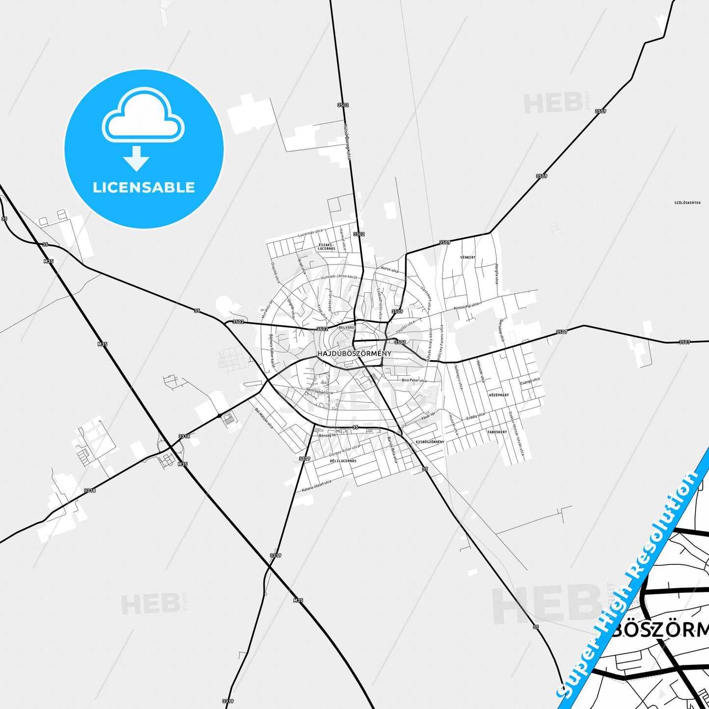 Hajdúböszörmény, Hungary Light Map with Street Names, City Names, and Districts