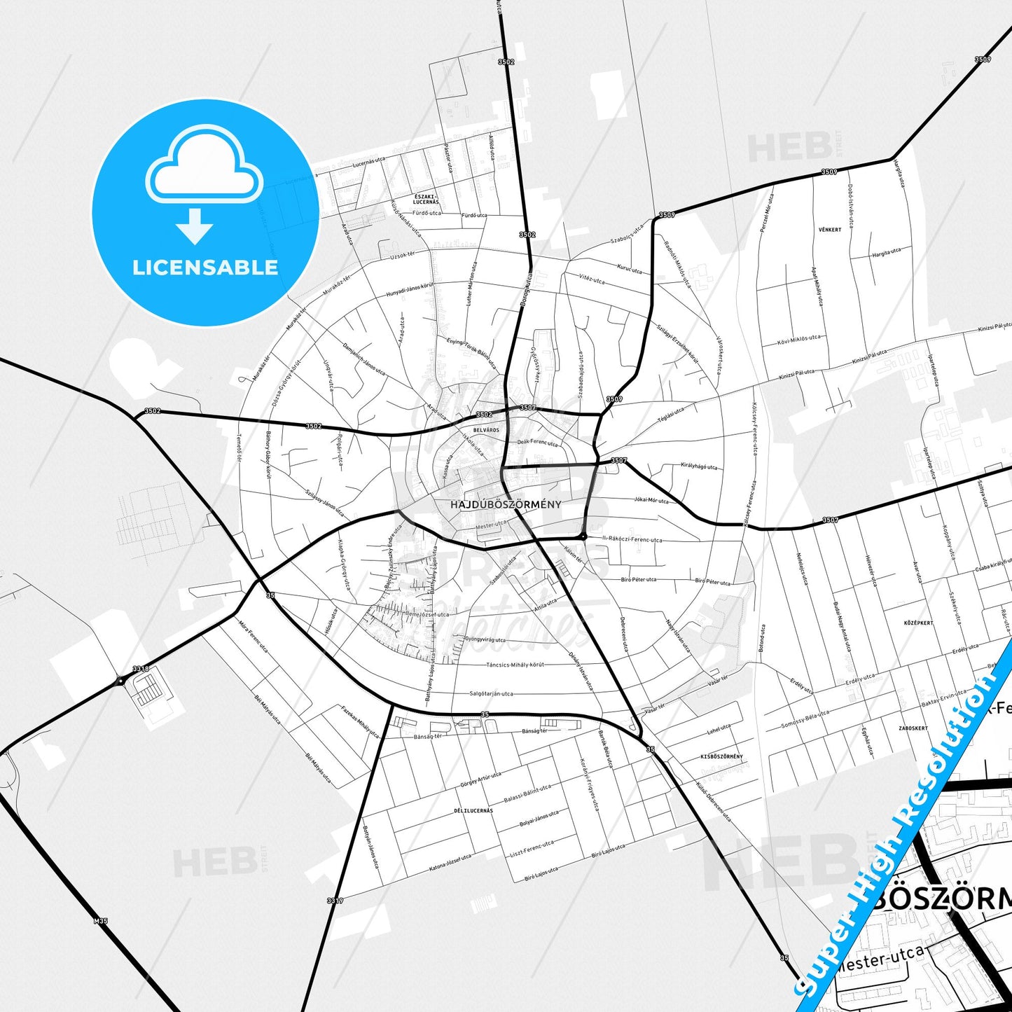 Hajdúböszörmény, Hungary Light Map with Street Names, City Names, and Districts