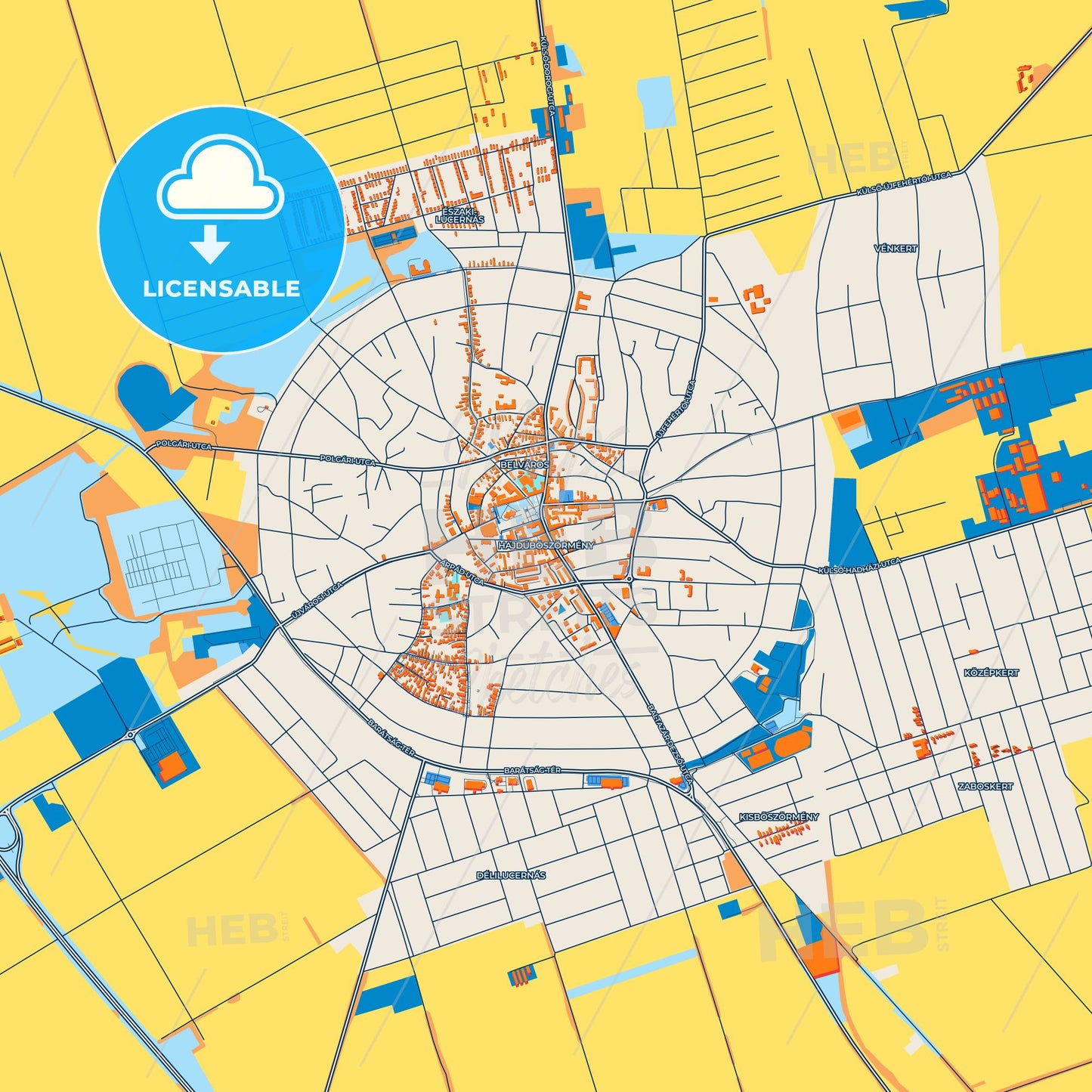 Colorful Hajdúböszörmény Street Map with Labels and Buildings