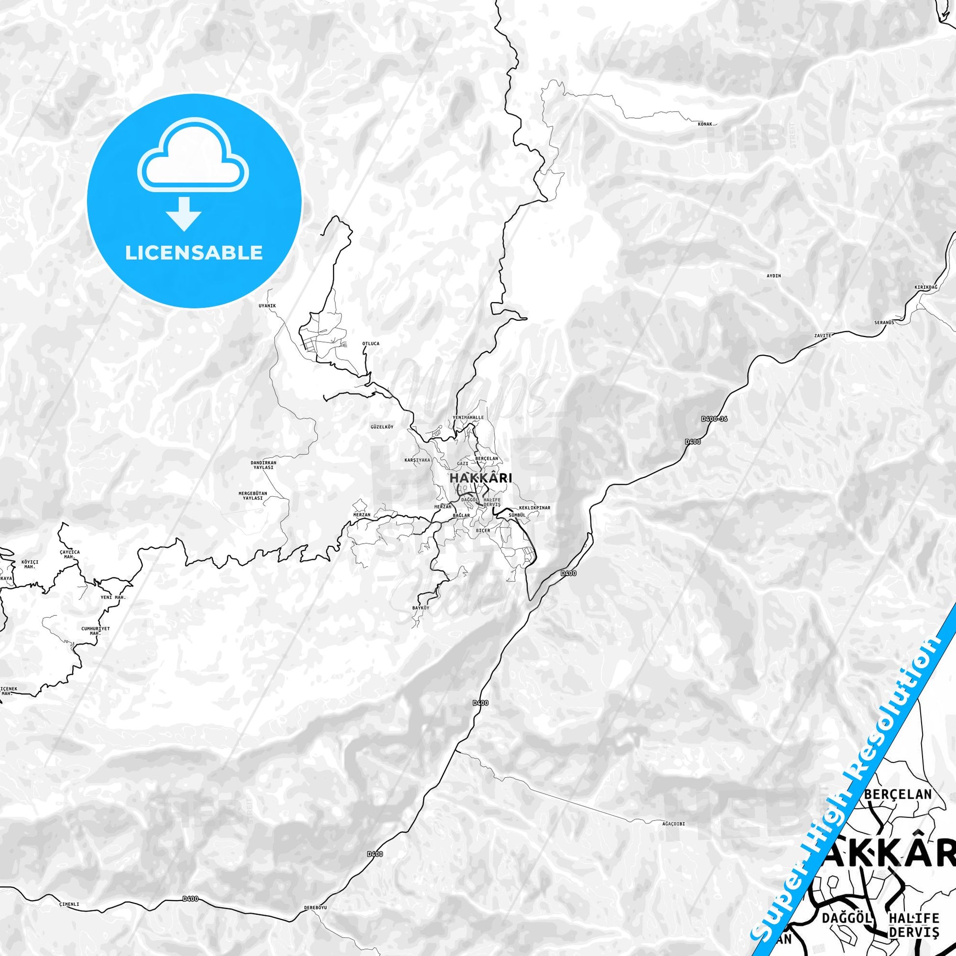 Hakkâri, Turkey light map with streetnames, citynames and districts