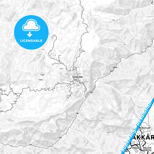 Hakkâri, Turkey light map with streetnames, citynames and districts