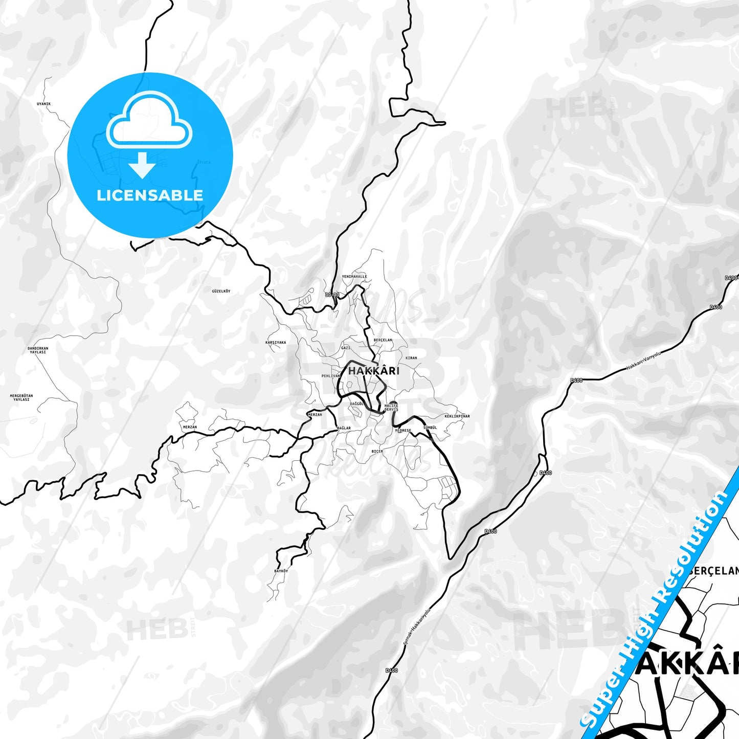 Hakkâri, Turkey Light Map with Street Names, City Names, and Districts