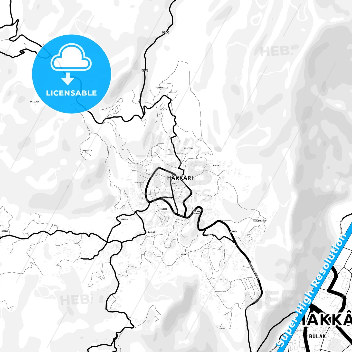 Hakkâri, Turkey Light Map with Street Names, City Names, and Districts